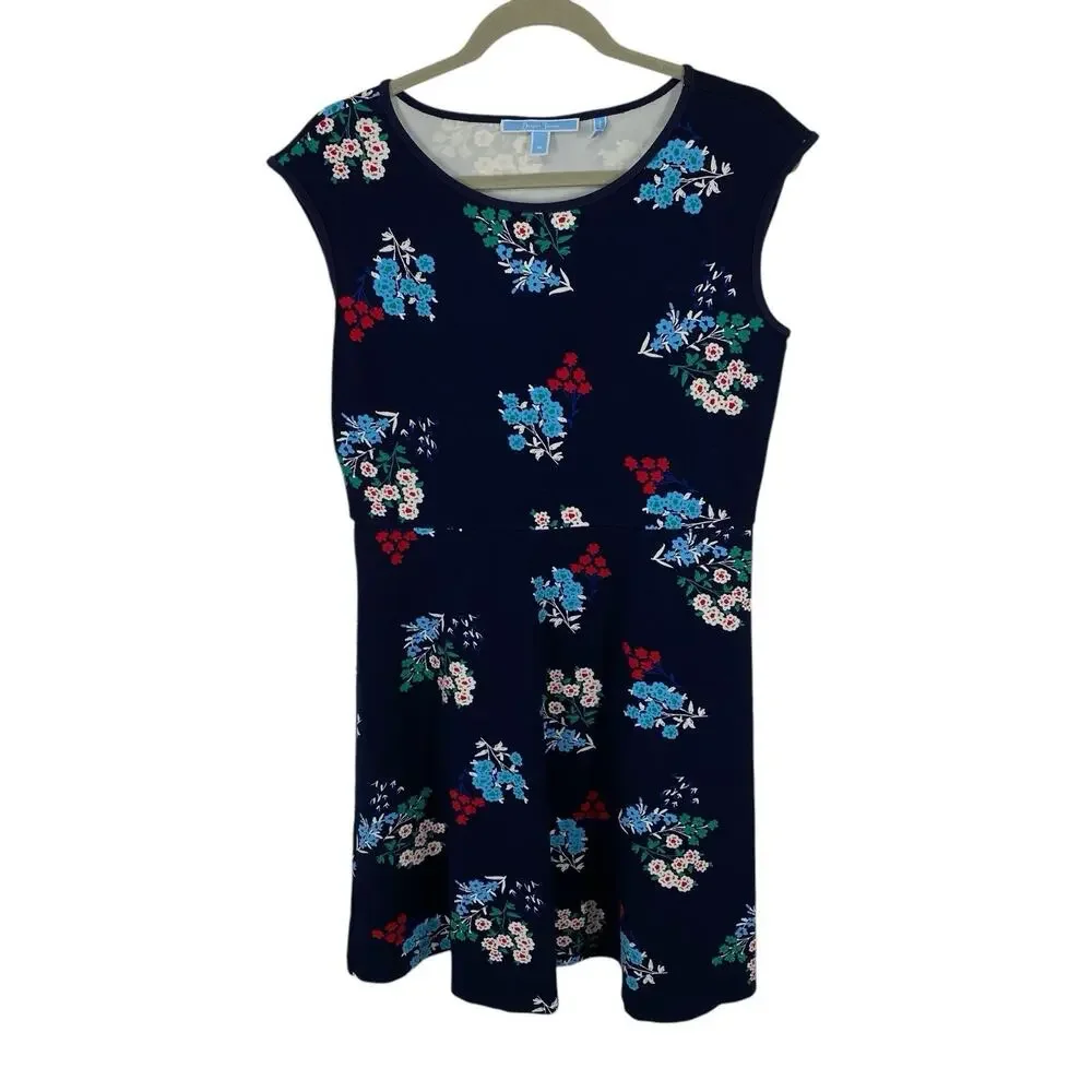 Draper James Dress Floral Ponte A-Line size Medium Navy Blue Cap Sleeves